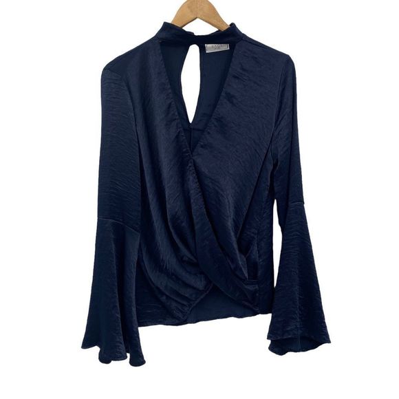 Sage dark blue dressy blouse flared sleeves - Picture 1 of 9